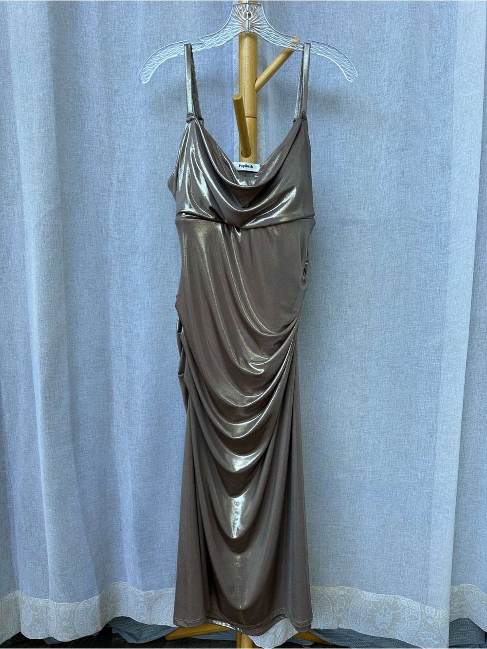 NWT, Popilush, Metallic Taupe Cowl Neck Slip Dress